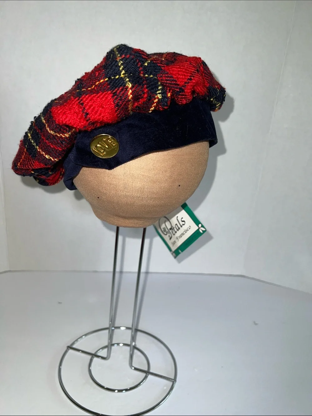 Vintage Kids Red Plaid Beret with Navy Band and Gold Button that says LOVE
